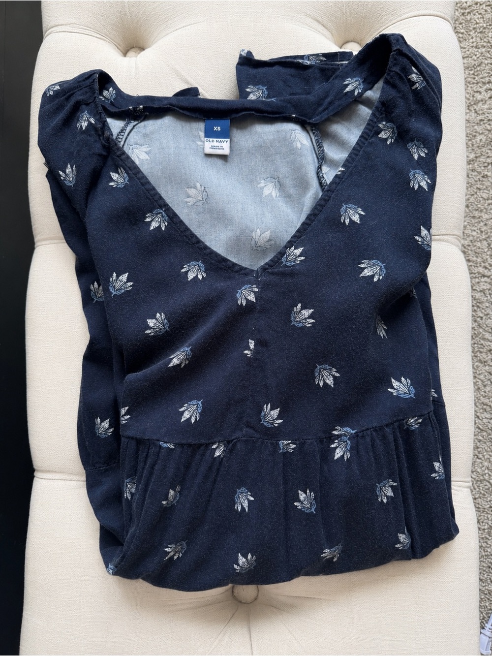 Old Navy Navy Blue Leaf Print Tiered Babydoll Dress XS